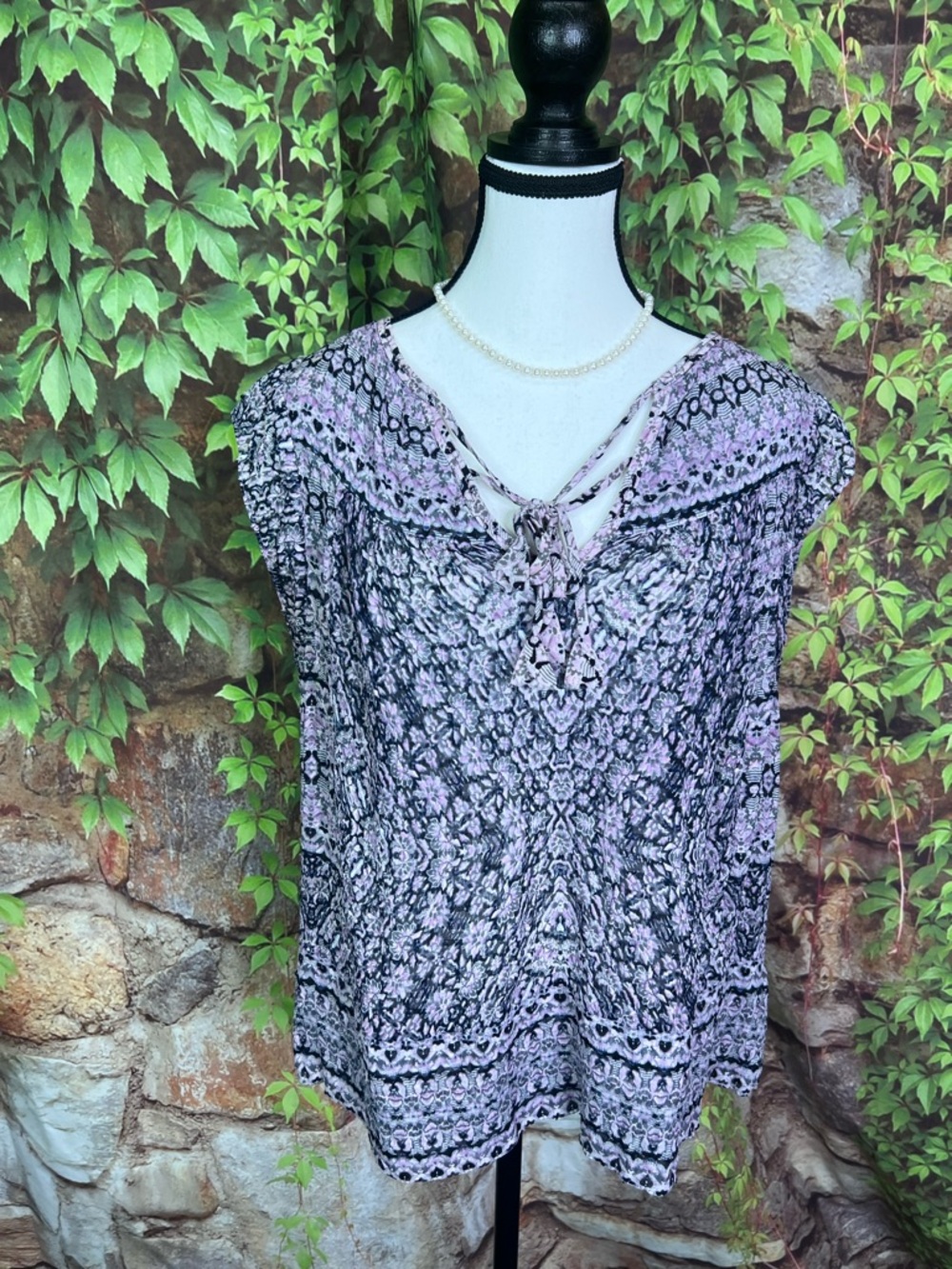 REBECCA TAYLOR Summer Designer Black and Lilac Double Tie Neck Print Blouse, 12 - Picture 2 of 12